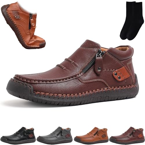 Men's Handmade Leather Slip-On Driving Boots with Side Zipper, Mens Outdoor Casual Flat Lightweight Waterproof Walking Loafers Shoes with Arch Support, Comfortable Driving Shoes