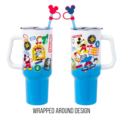 Image of Silver Buffalo Disney Mickey Mouse Stainless Steel Tumbler with Straw Cover, Lid, Straw, and Handle Featuring Donald Duck, Daisy Duck, Minnie Mouse, Mickey Mouse, Goofy, and Pluto, 40 Ounces