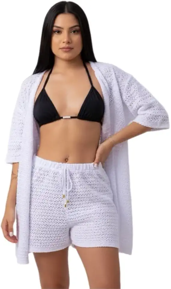 Conjunto de Camisa e Short Saída de Praia Tricot Algodão Verão Crochê