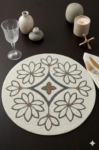 Set of 2 Handmade Beaded Floral Placemat, 14x14 Inch Round Table Mat, Elegant White and Gold Hand-Embroidered Beads for Dining Table Decor, Decorative Glass Bead Charger Mat, Housewarming Gift image 2