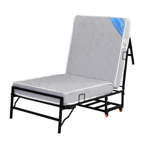 Image of Nilkamal Zoe Metal Folding Bed with 6 Inch Single Size Mattress | Space Saving Portable Rollaway Bed with Lockable Wheels| Ideal for Homes, Guest Rooms, Hostels and Dorms | Black