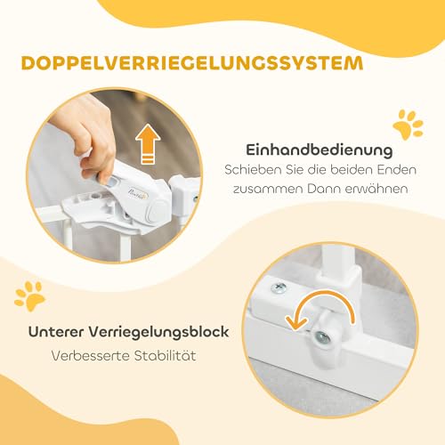 PawHut Treppenschutzgitter Türschutzgitter Ohne Bohren 74-80cm Kinderschutzgitter mit Auto-Close, Einhand Öffnung, doppelte Verriegelung, Türgitter für Kinder, Haustiere, für Treppen, Türen, Weiß
