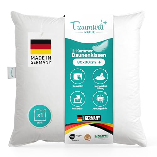Traumwelt Natur Made in Germany 3-Kammer Daunen Kopfkissen 80x80 cm weiß Allergiker geeignet Öko-Tex 100 Klasse 1 Zertifiziert Downpass