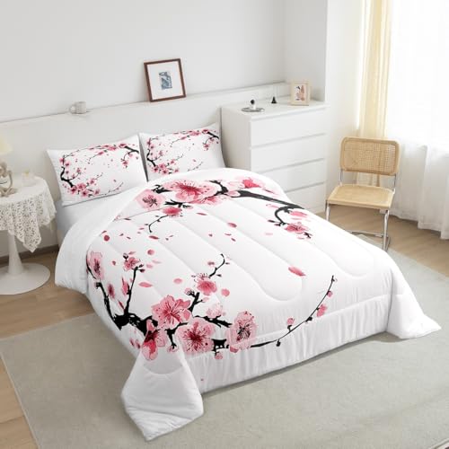 Image of Feelyou Cherry Blossoms Traditional Comforter Set King Size Bedding | Adults Japanese Sakura Flower Botanical Style Duvet Set Bedroom Decor Warm Cozy Breathable Lightweight All Season