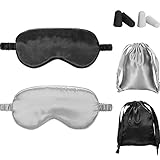 Silk Satin Sleeping Mask Eye Mask Set Include 2 Blindfold Eyeshade Elastic Strap Double Layer Silk Filling Eye Cover 2 Ear Plugs 2 Storage Bags for Women and Men Sleep Travel Nap (Black, Gray)