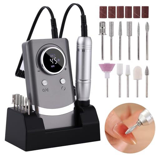 Image of Electric 45000RPM Nail Drill Machine Rechargeable Portable Nail File Electric DIY Nail Drill Kit with Smart LCD Screen for Gel Nail Manicure and Pedicure Reflective Body etc (Grey)