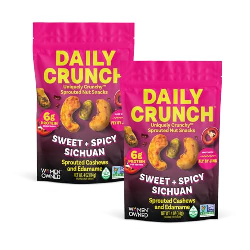 Image of Daily Crunch Sprouted Cashews and Dehydrated nuts for a Unique Crunch, Keto Friendly, Non-GMO Zero Seed Oils, Gluten Free 4oz (2 Pack, Sweet + Spicy Sichuan Cashews)