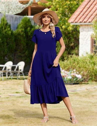 Image of Zeagoo Women Summer Midi A Line Dress Short Sleeve Casual Flowy Tiered Beach Long Sundress with Pockets 2026 Vacation Travel