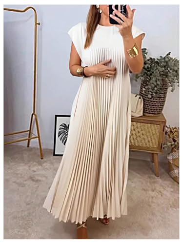 Image of GORGLITTER Women's Pleated Flowy Chiffon Church Dresses Elegant Summer Short Sleeve Wedding Guest Maxi Dress Outfits