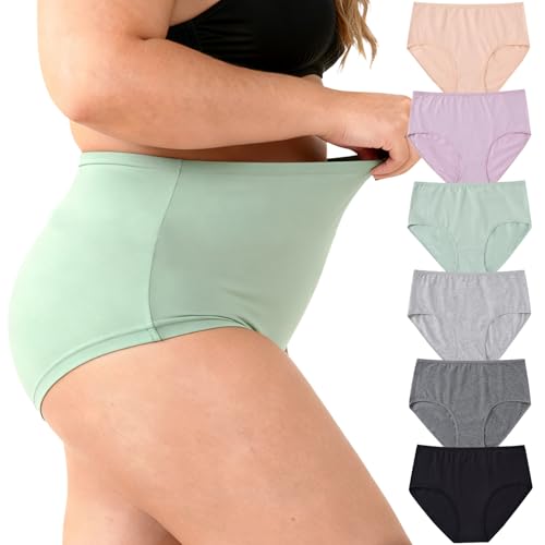 Image of WhilyeePam Women's Cotton Underwear Plus Size XL-5XL High Waisted Full Coverage Ladies Panties 5 Pack Briefs for Women