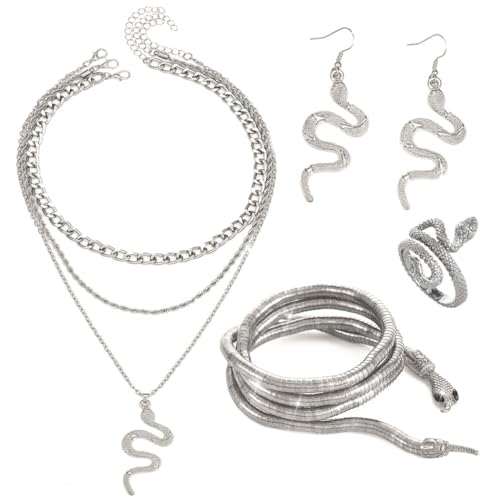 Unicra Medusa Jewelry Set Silver Snake Necklace Earrings Ring Bracelet Sets Halloween Medusa Costume Accessories for Women (4 PCS-Silver Necklace Earrings Ring Bracelet)