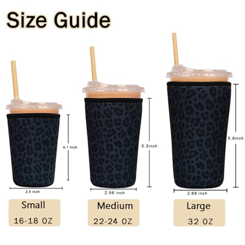 Image of Reusable Insulated Sleeve for Iced Coffee Cup, Coffee Neoprene Sleeve for Cold & Hot Drinks, Beverage Holder for Iced Coffee (Charcoal Leopard, Medium: 22-24oz)
