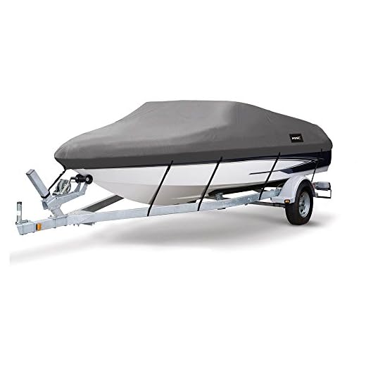 MSC Heavy Duty 600D Marine Grade Polyester Canvas Trailerable Waterproof Boat Cover,Fits V-Hull,Tri-Hull, Runabout Boat Cover (Dark Gray, Model H)