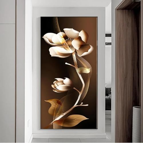 Cuadro en lienzo con diseño de flor de magnolia dorada de estilo nórdico, impresiones de paisajes abstractos modernos, imágenes artísticas de pared para decoración 65 x 130 cm, sin marco