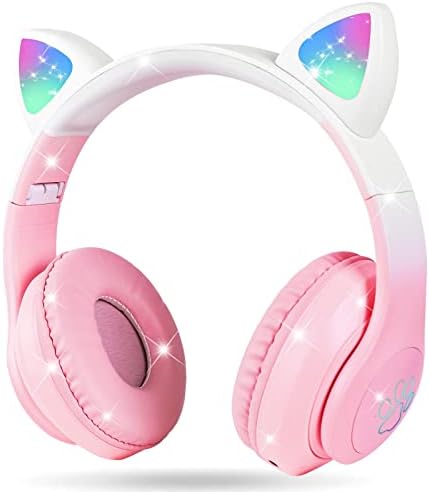 AXFEE Bluetooth Kids Headphones, LED Light Up Cat Ear Wired/Wireless Headphone, HD Stereo Sound, 10H Playtime, Foldable Children Headphone for PC Phone Ipad Study Travel School, 105dB Volume Limited