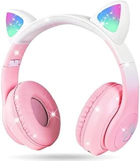 AXFEE Bluetooth Kids Headphones, LED Light Up Cat Ear Wired/Wireless Headphone, HD Stereo Sound, 10H Playtime, Foldable Children Headphone for PC Phone Ipad Study Travel School, 105dB Volume Limited