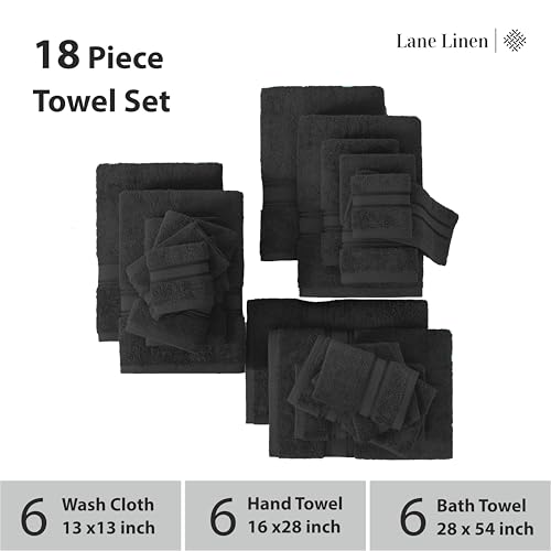 Image of Lane Linen Luxury Bath Towels Set- 100% Cotton Bathroom Towels, Zero Twist, Quick Dry Shower Towel, Extra Aborbent Super Soft, 6 Bath Towel, 6 Hand Towels, 6 Wash Cloths - Black (18 PC)