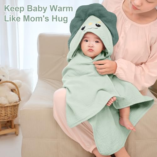 Image of FIOBEE Hooded Baby Towels 100% Muslin Baby Bath Towels for Newborn with Animal Design Ultra-Soft and Absorbent Bath Essentials for Toddler, Unisex Girls Boys 30 x 30 inch, Green Dinosaur