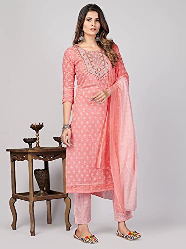 Image of Vbuyz Women's Printed & Embroidered Straight Cotton Stitched Kurta With Dupatta