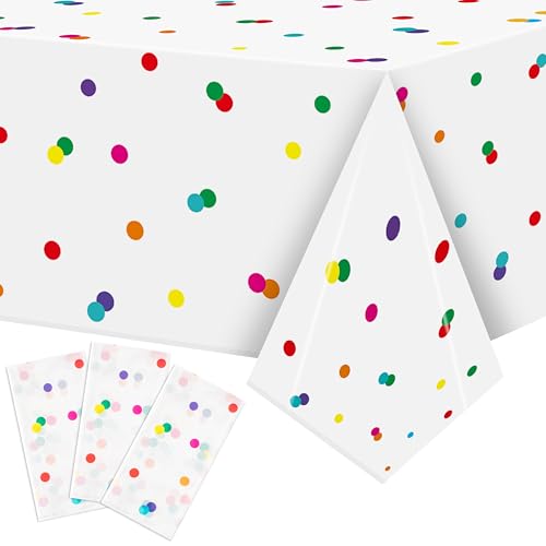 Image of K1tpde Colorful Rainbow Party Tablecloth - 3PCS Colorful Dot White Plastic Tablecloth, Multicolor Dot Birthday Disposable Tablecover, Rainbow Dots Party Supply for 1st Baby Shower Birthday Decorations