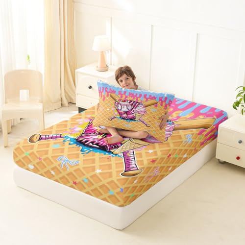 Image of Castle Fairy Baseball Cream Bed Sheets Twin Size,Ball Dessert Cherry Plaid Easy Wash Bedding Set,Kawaii Sport Game Kids Room Decor,Pink Bule Yellow Sheet(Fitted+Flat+1 Pillowcase)