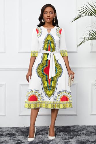 Image of CLOCOR Midi Dresses for Women Casual A-Line Fit and Flare Dress Crewneck 3 /4 Sleeve Keyhole Cocktail Party Church Dress