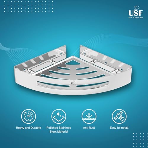 Image of USF Elegance Stainless Steel Bathroom Shelf, Wall Mounted Storage Organizer for Toiletries & Kitchen Accessories, Compact High Load Capacity Design, Quick DIY Setup, Chrome Finish (Pack of 2)