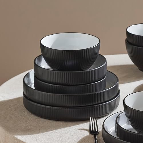 Image of Christian Siriano Larosso 12-Piece Stoneware Dinnerware Set with Dinner Bowls and Pasta Bowls, Plates and Bowls Set, Dish Set for 4, Black