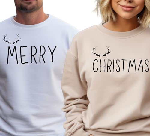 Personalized Handmade Matching Couple Merry Christmas Sweatshirts – Cute Holiday Sweaters for Couples, Funny Festive Xmas Crewnecks Green2