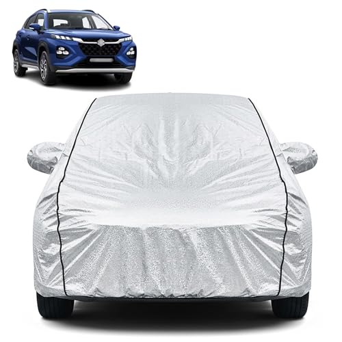 Image of Waterproof Car Cover for Maruti Fronx | Dustproof, UV Resistant & Scratch Protection | Soft Cotton Lining | Triple Stitched | Mirror Pockets & Elastic Fit | Silver