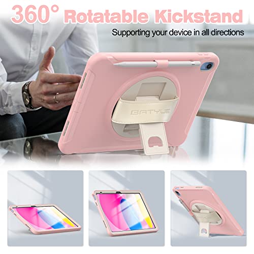 Batyue Ipad 10Th Generation Case - Shockproof Protection Cover For 2022 10.9-Inch Ipad (10Th Generation) With Screen Protector/Pencil Holder/ 360° Swivel Stand/Leather Hand Strap - Cheery Pink #TOP2