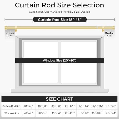 Gold Curtain Rods for Windows 18 to 45 Inch(1.5-3.75 Feet),1" Diameter Drapery Rods with Modern Style End Cap Finials,Size:18-45 Inch, Brass