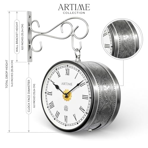 Image of Handcrafted Double Side Metal Analog Vintage Wall Clock | 1.5 Year Machine Warranty | 6 INCHES | 1 Side Number 1 Side Roman,Color Silver