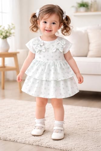 Image of Bold N Elegant Baby Girl Cotton Summer Dress Frock with Cherry Print n Bow | Short Sleeve Casual Outfit for Infant Toddler Girls