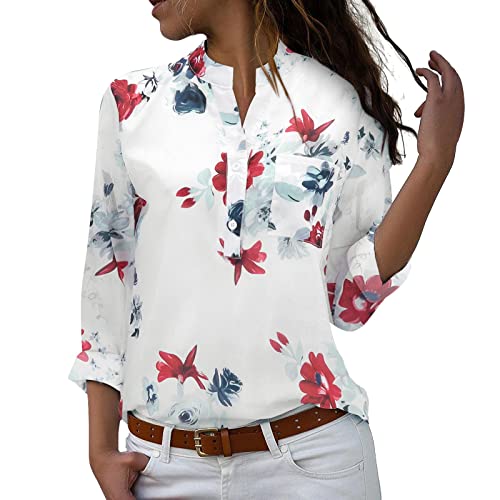 Blusa y Camisas de Manga Larga para Mujer con Cuello en V, Camiseta de Estilo Casual Elegante Ajustada Irregular Oversized Deportiva Fiesta Rayas Túnica Tops Mangas Enrolladas con Botones(P Blanco,L)