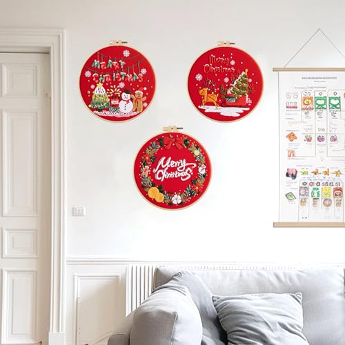 Image of Offizon 3 PCS Embroidery Kit for Beginners Stamped Christmas Red Pattern | Cross Stitch DIY Craft Set, Hoop Included, Santa Embroidery Accessories, Stitching Sewing Kit Gift for Adults