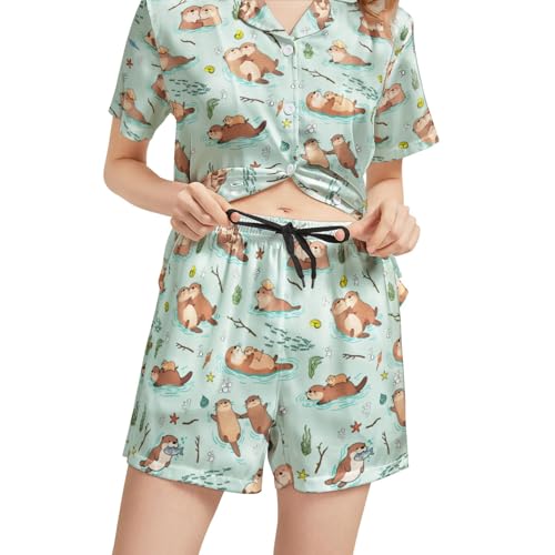 Image of Funny Pajamas for Women Set Print Satin Loungewear Pjs Short Sleeve Button Down Top and Shorts Sets Sleepwear XS-3XL