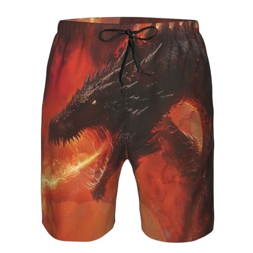 Dragon Breathing Fire Fantasy Dark Black Men's Quick Dry Swim Shorts, Mesh Lined Beach Trunks with Pockets