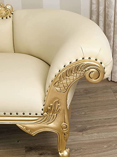Image of Chaise Lounge Royal Carving Sofa Design Golden Polished and Leatherette Cover (Cream) 3-Person Sofa
