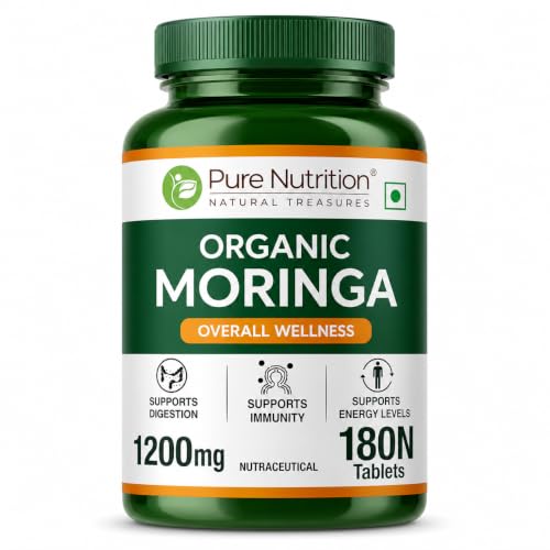 Image of Pure Nutrition Organic Moringa Tablets with 1200mg Leaves Extract | Moringa Tablets for Healthy Digestion, Immunity, Energy Levels & Detox - 180 Veg Tablets