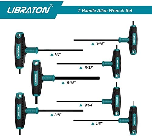 LIBRATON T Handle Allen Wrench Set, T-Handle Hex Key Set, Two-End and Chamfered Tips Design, SAE 1/8"- 3/8", Auto Bike Repair Tool, 7-Pieces with Storage Box