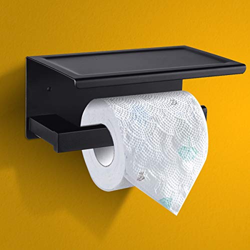 GEMITTO Portarrollos Baño Acero Inoxidable SUS304 Soporte para Papel Higiénico con Estante de Almacenamiento, Porta Rollos para Baño Negro Tubo Cuadrado