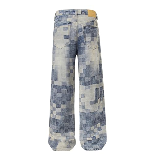 Jeans Pants Trousers Denim Retro Trendy Street Washed Blue Checkered Straight Leg Personalized for Men4