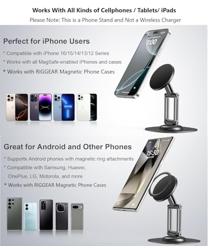 Image of RIGGEAR Premium Magnetic Phone Stand for Desk, with 360 Rotating, Non-Slip Base, Foldable Metal Stand for Mobile /Tablet /iPad Compatible with MagSafe iPhones and Android Phones (NOT A Charger)