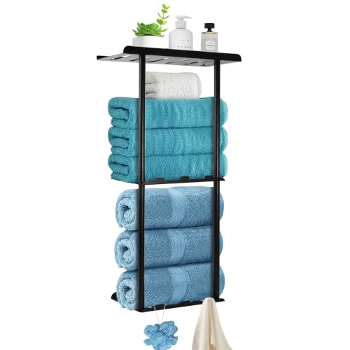 Image of 3-Tier Towel Rack Wall Mounted with Metal Shelf and Hooks (Black)