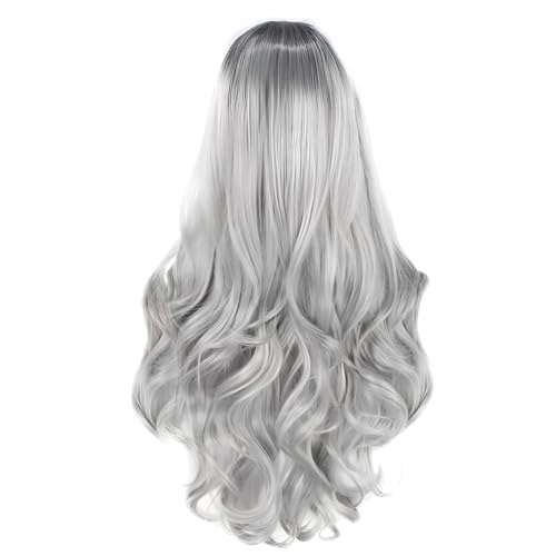 Halloween Perücke Damen 70cm Lang Wellig Ombre Grau Perücke mit Haarnetz Ideal für Halloween Party Cosplay Fasching & Mottoparty Verkleidung