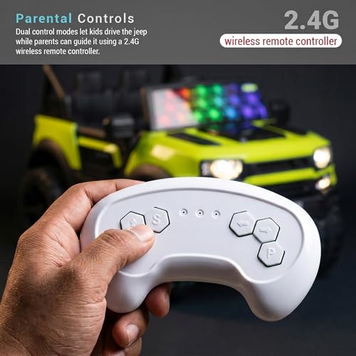Image of Baybee RoverX Battery Operated Jeep for Kids with Parental Control | Baby Ride On Electric Car with RGB Lights, Music & Swing Mode | Rechargeable Battery Car for Kids 2 to 6 Years (Florescent Green)