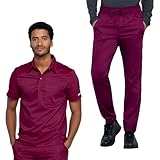 Cherokee Men's Scrub Set Men's Polo Shirt Modern Fit WW615 with Men's Natural Rise Jogger with Drawstring Waistband WW012, Wine - M Top/M Pant