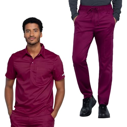 Cherokee Men's Scrub Set Men's Polo Shirt Modern Fit WW615 with Men's Natural Rise Jogger with Drawstring Waistband WW012, Wine - L Top/L Pant
