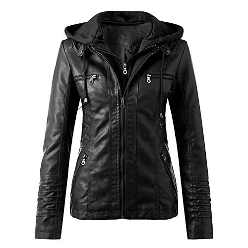 BOOMJIU Veste en cuir - Veste de survêtement pour femme - Style rétro - Fermeture éclair - Manteau slim - Avec poches - Veste haute - Élégante - Automne - Manches longues Cover
